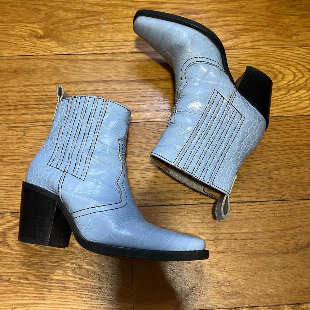 Blue croc embossed Ganni boots